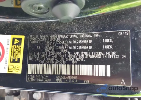 2019 Toyota Highlander Se z USA, uszkodzony, nr VIN 5TDJZRFHXKS615019